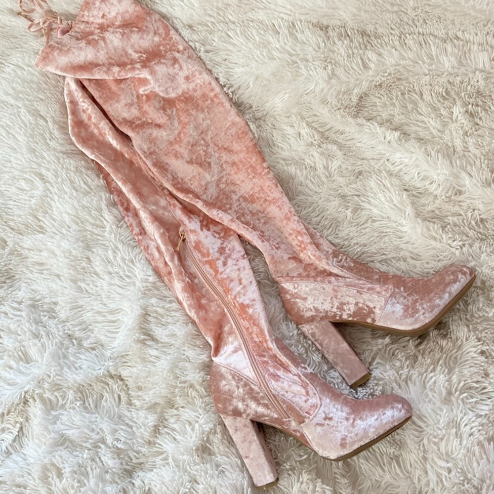 Pink velvet chunky thigh high boots